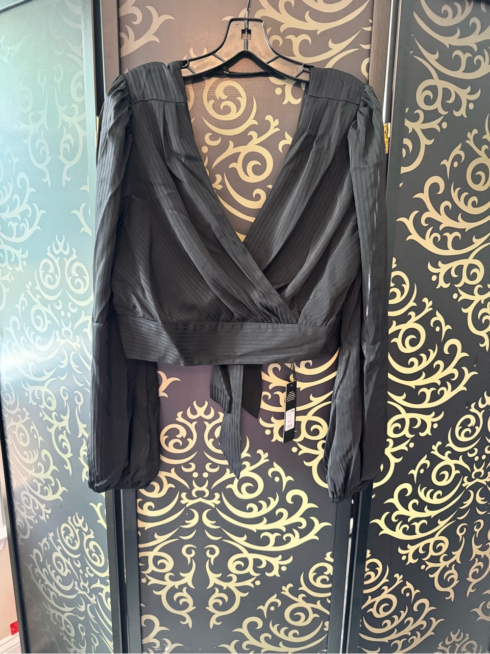 Fashion Nova Black Wrap Blouse with Puff Long Sleeves